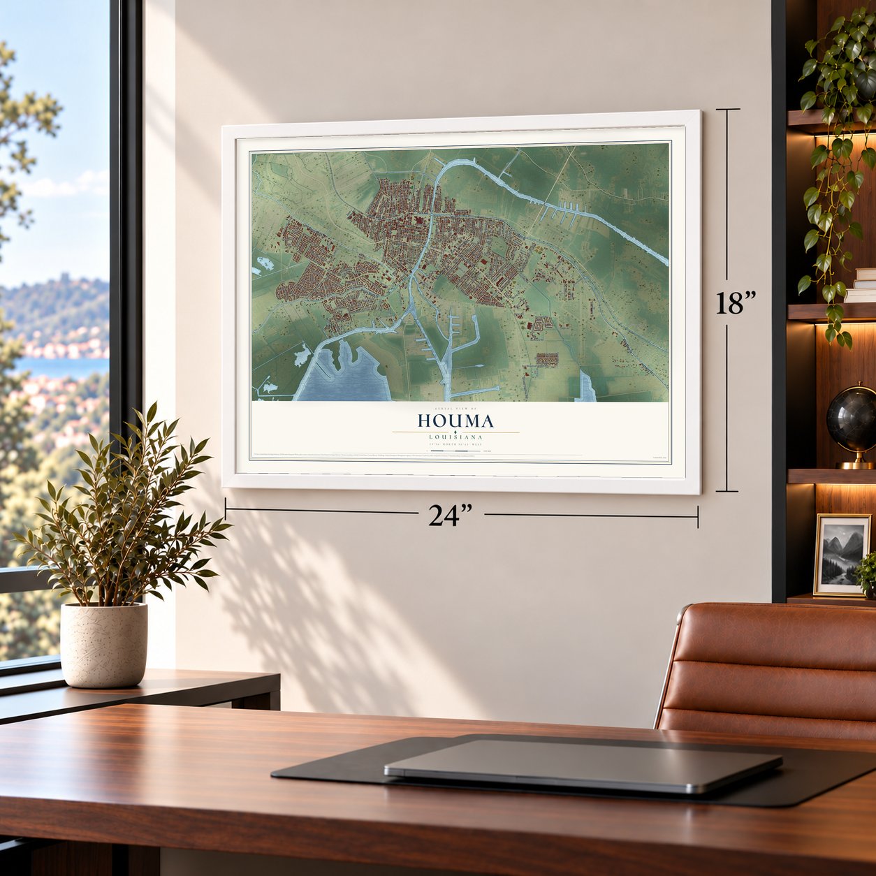 Houma, Louisiana map, 18 x 24 inch print in a white frame in a home office
