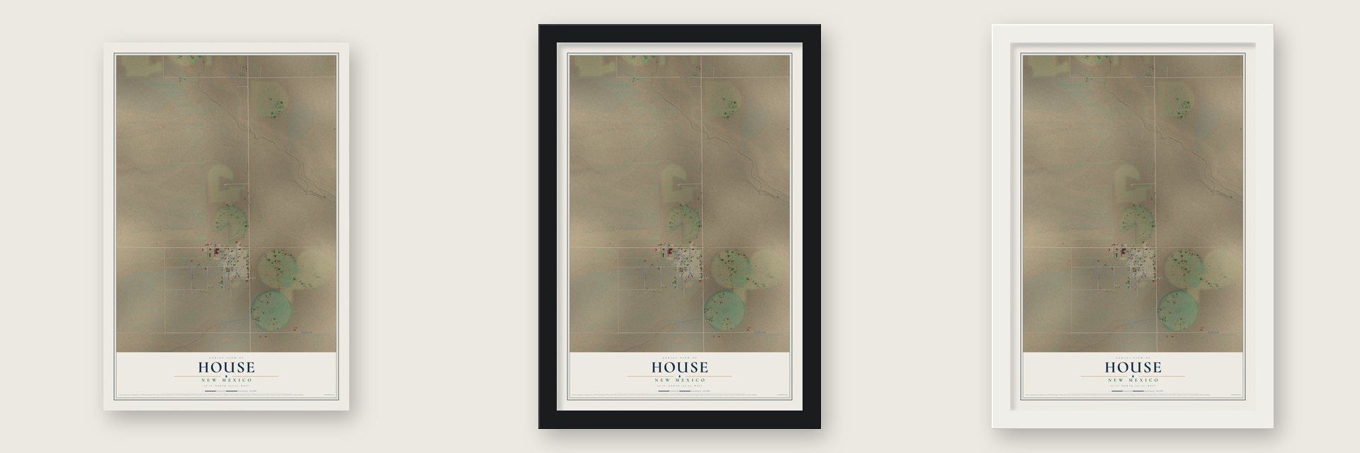 House, New Mexico map unframed, in a black wood frame and in a white wood frame