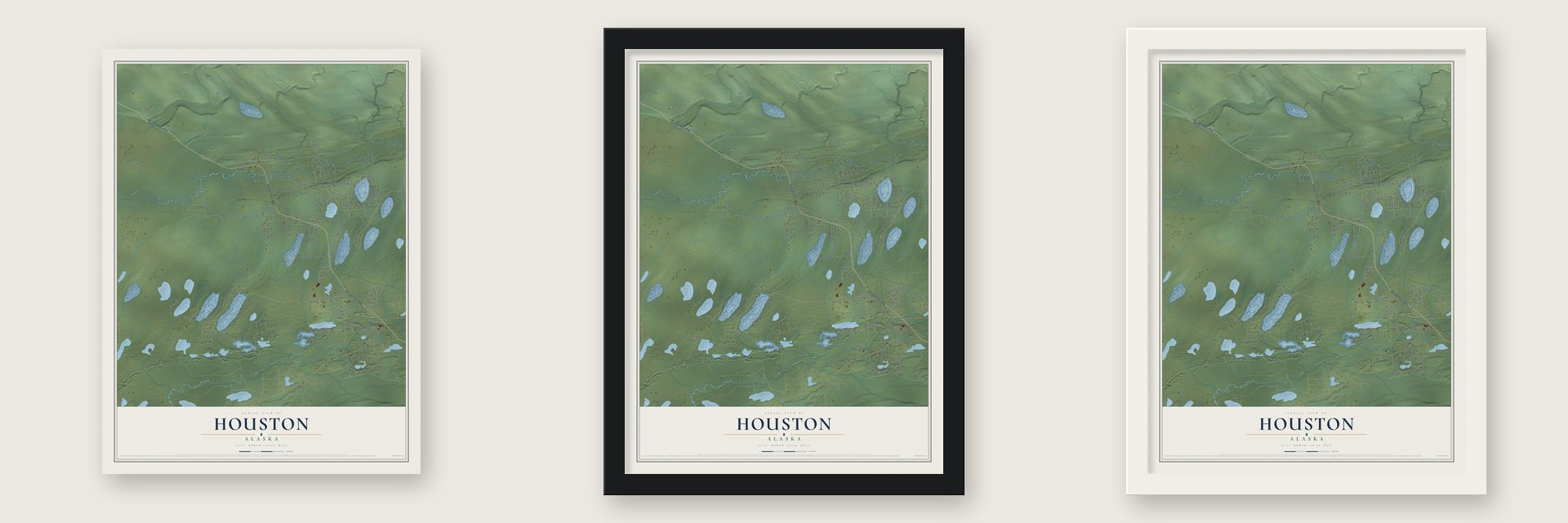 Houston, Alaska map unframed, in a black wood frame and in a white wood frame