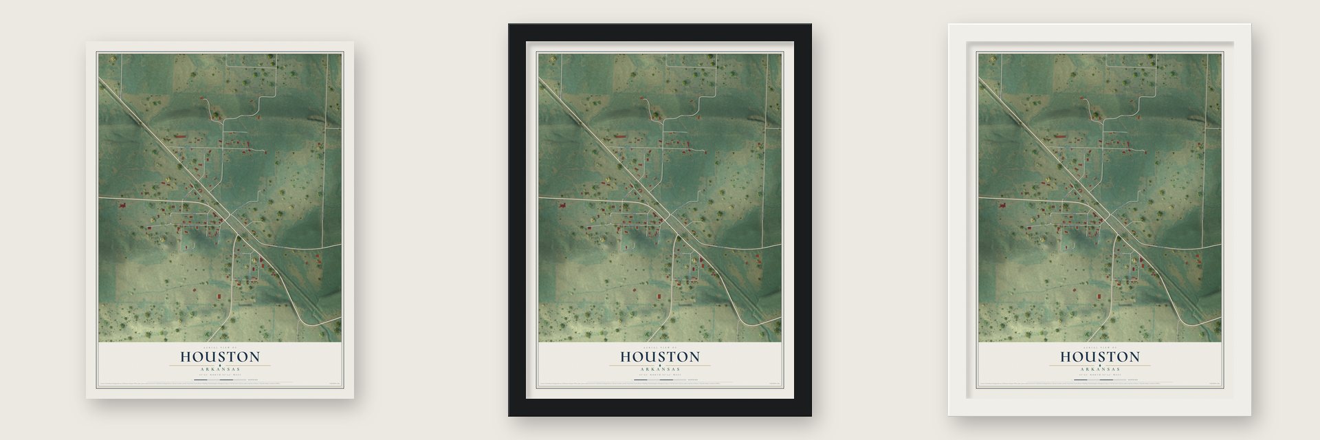 Houston, Arkansas map unframed, in a black wood frame and in a white wood frame