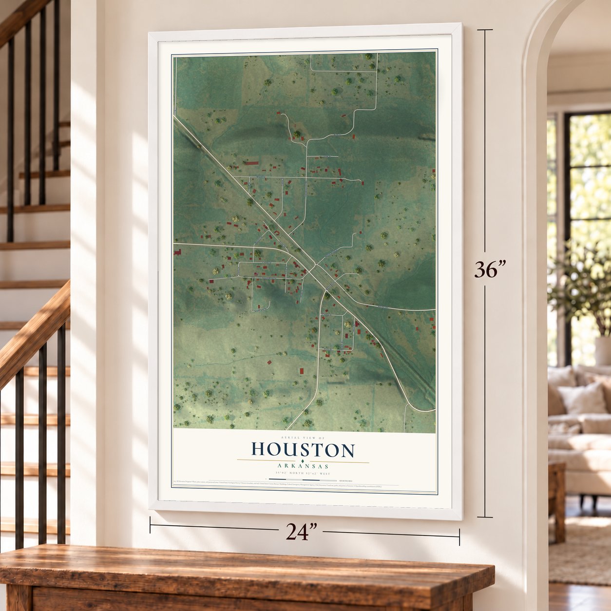 Houston, Arkansas map, 24 x 36 inch print in a white frame by a staircase