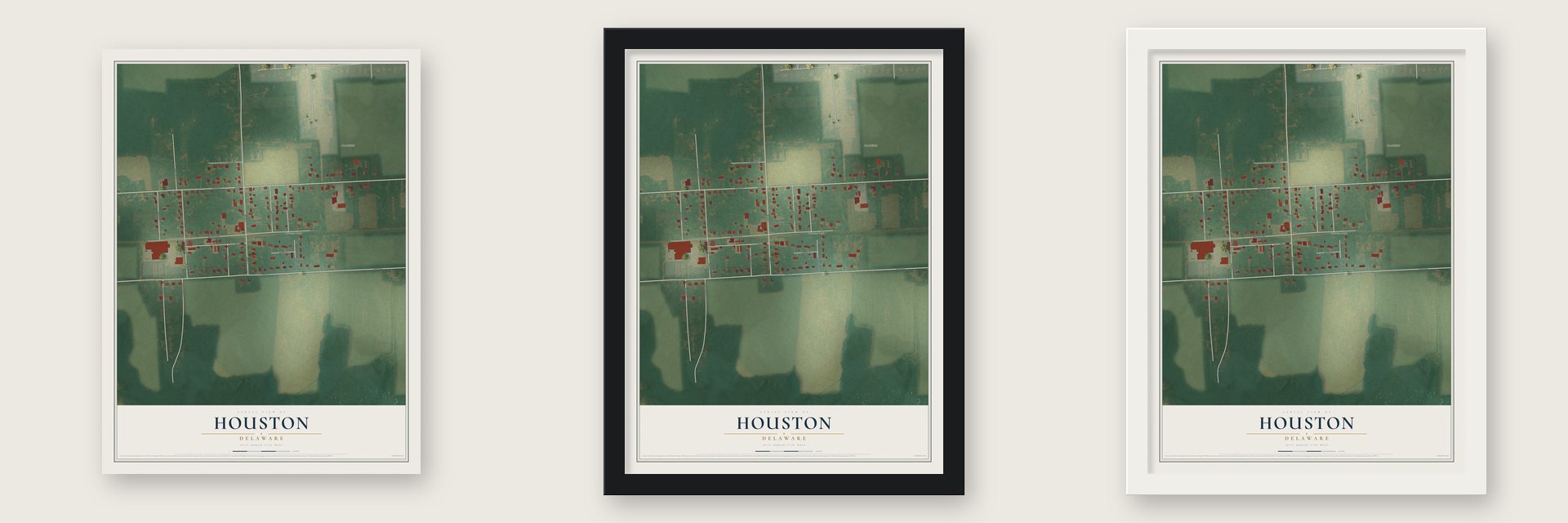 Houston, Delaware map unframed, in a black wood frame and in a white wood frame