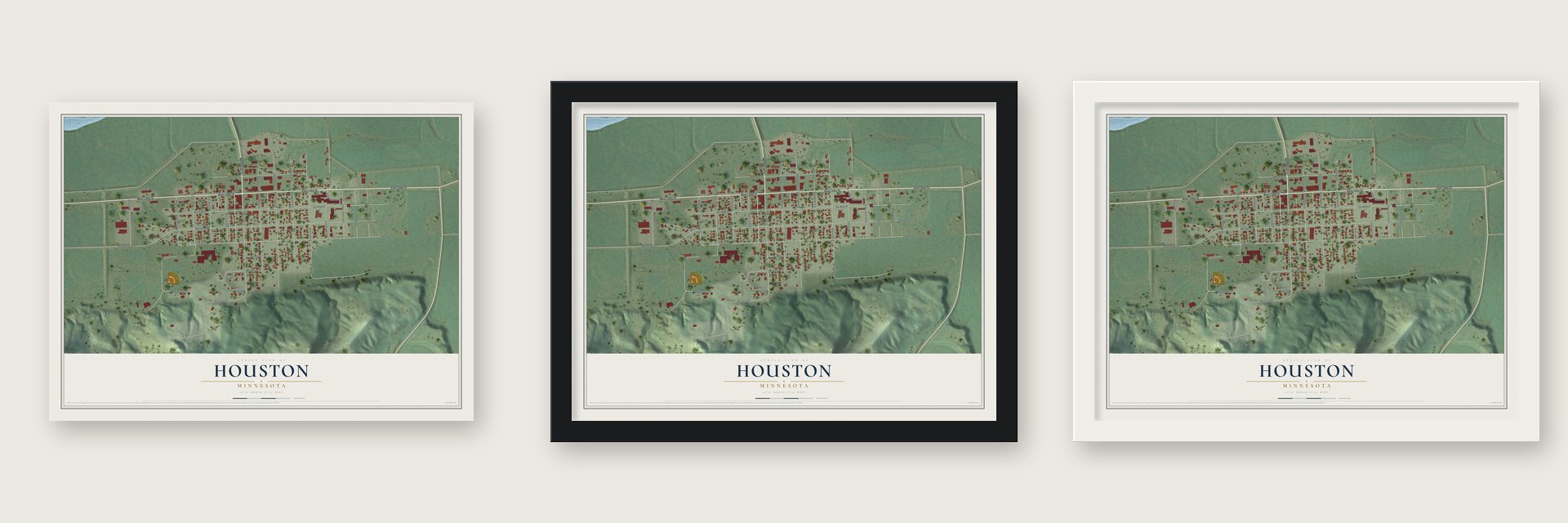 Houston, Minnesota map unframed, in a black wood frame and in a white wood frame