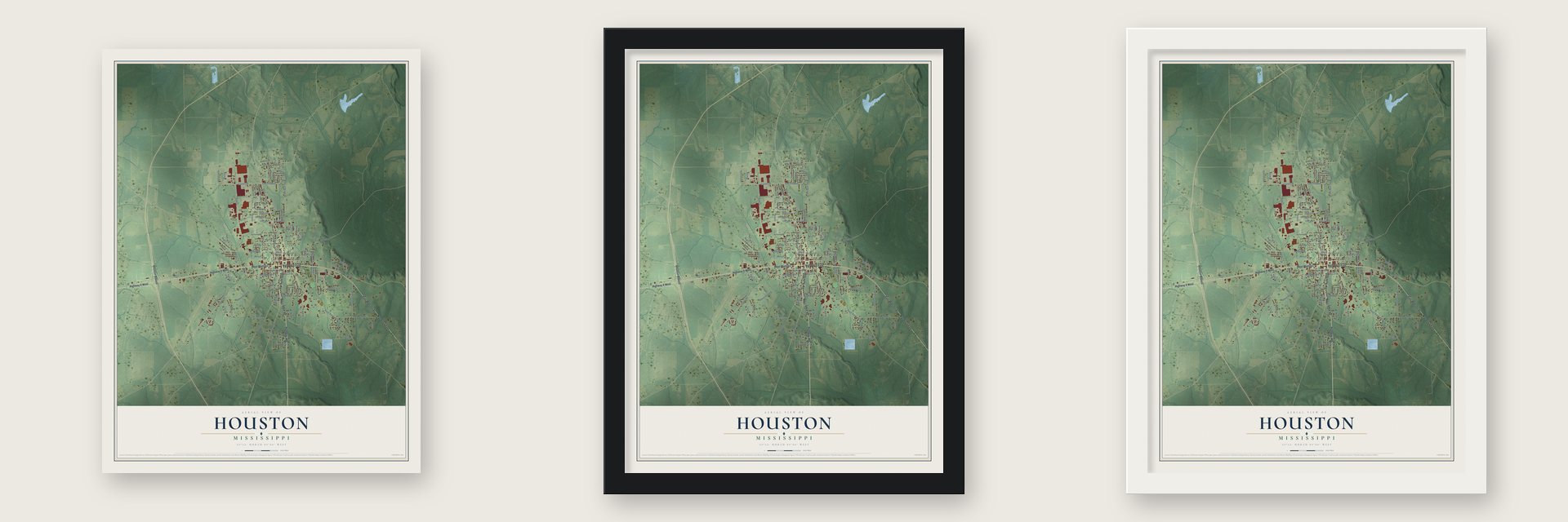 Houston, Mississippi map unframed, in a black wood frame and in a white wood frame