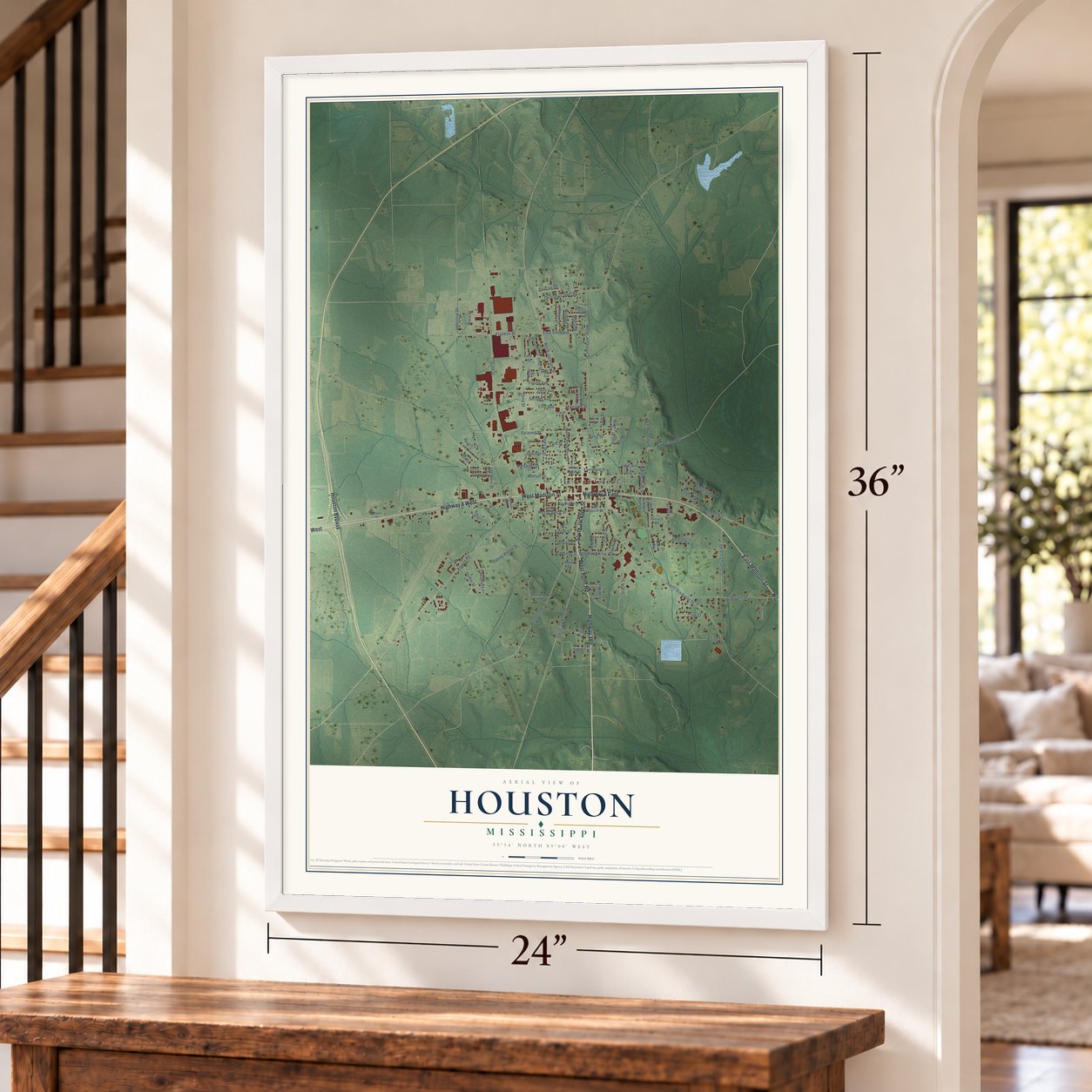 Houston, Mississippi map, 24 x 36 inch print in a white frame by a staircase