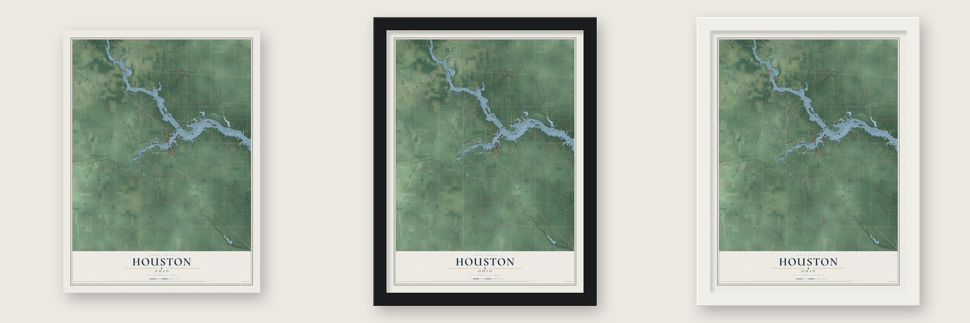 Houston, Ohio map unframed, in a black wood frame and in a white wood frame
