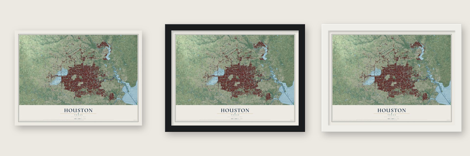 Houston, Texas map unframed, in a black wood frame and in a white wood frame