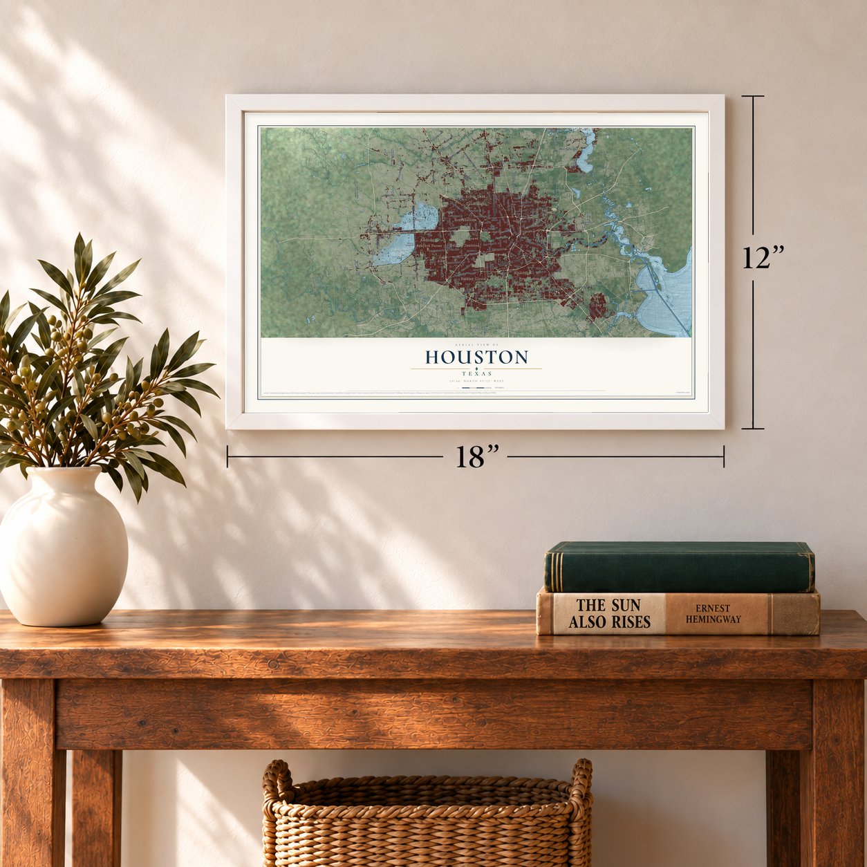 Houston, Texas map, 12 x 18 inch print in a white frame in an entryway