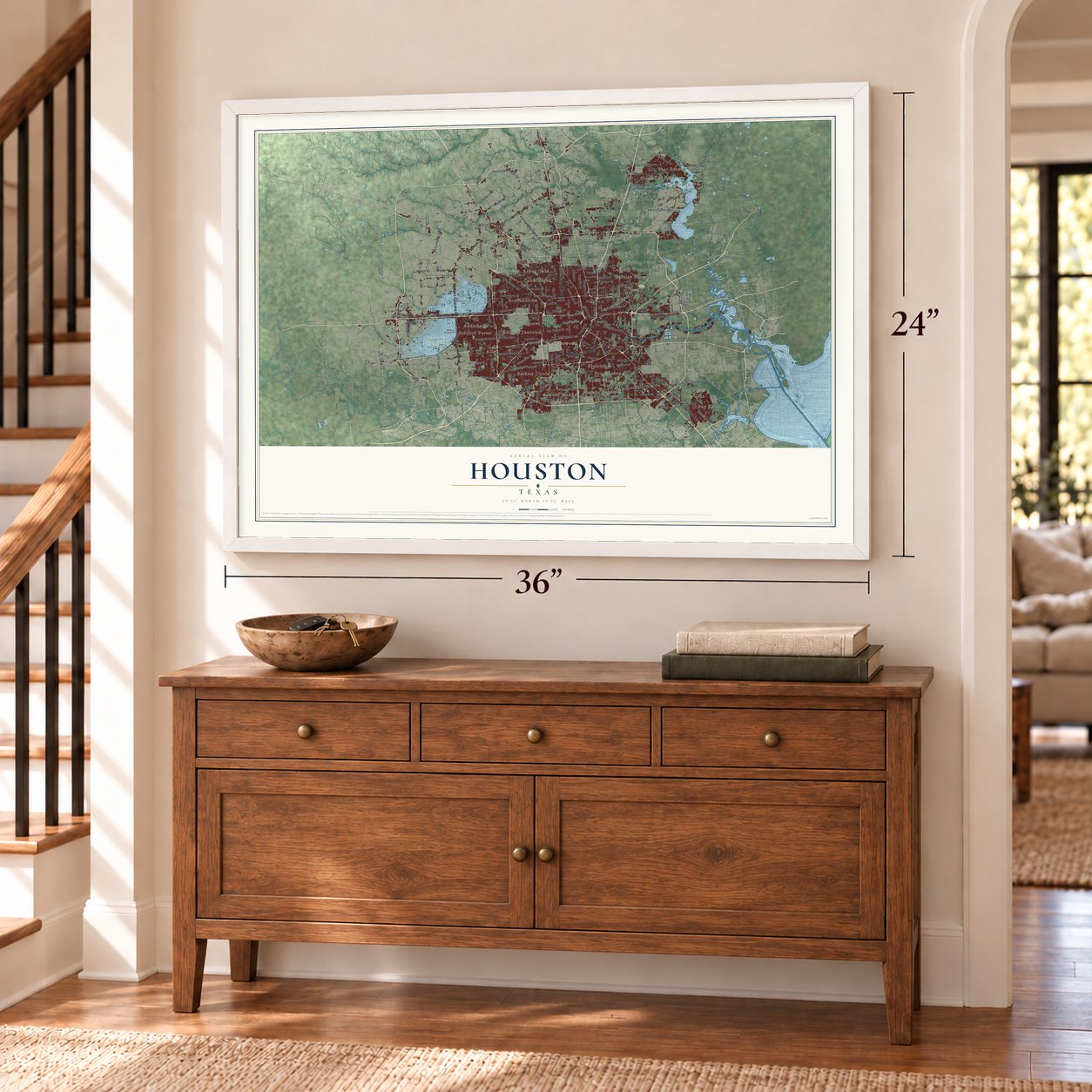 Houston, Texas map, 24 x 36 inch print in a white frame above a dresser by a staircase
