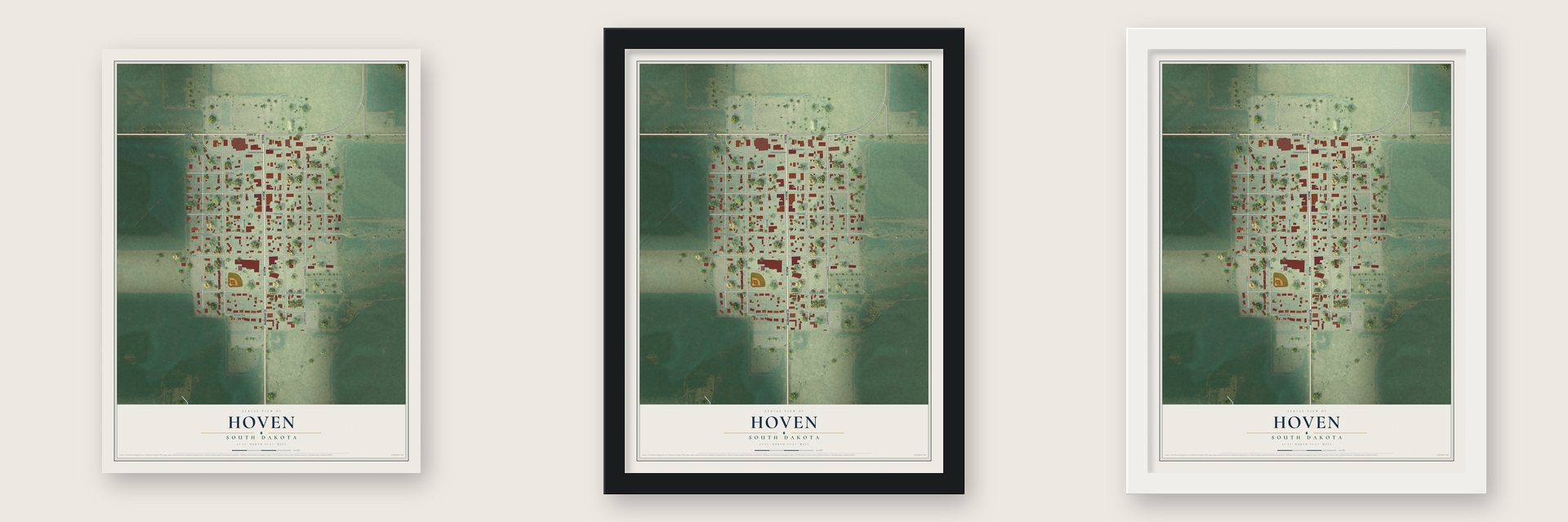 Hoven, South Dakota map unframed, in a black wood frame and in a white wood frame