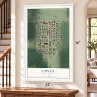 Hoven, South Dakota map, 24 x 36 inch print in a white frame by a staircase