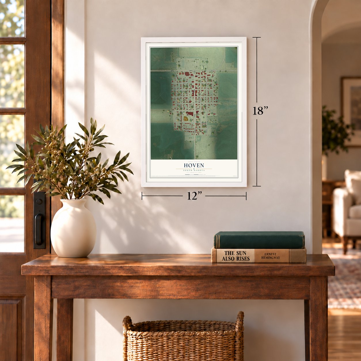 Hoven, South Dakota map, 12 x 18 inch print in a white frame in an entryway