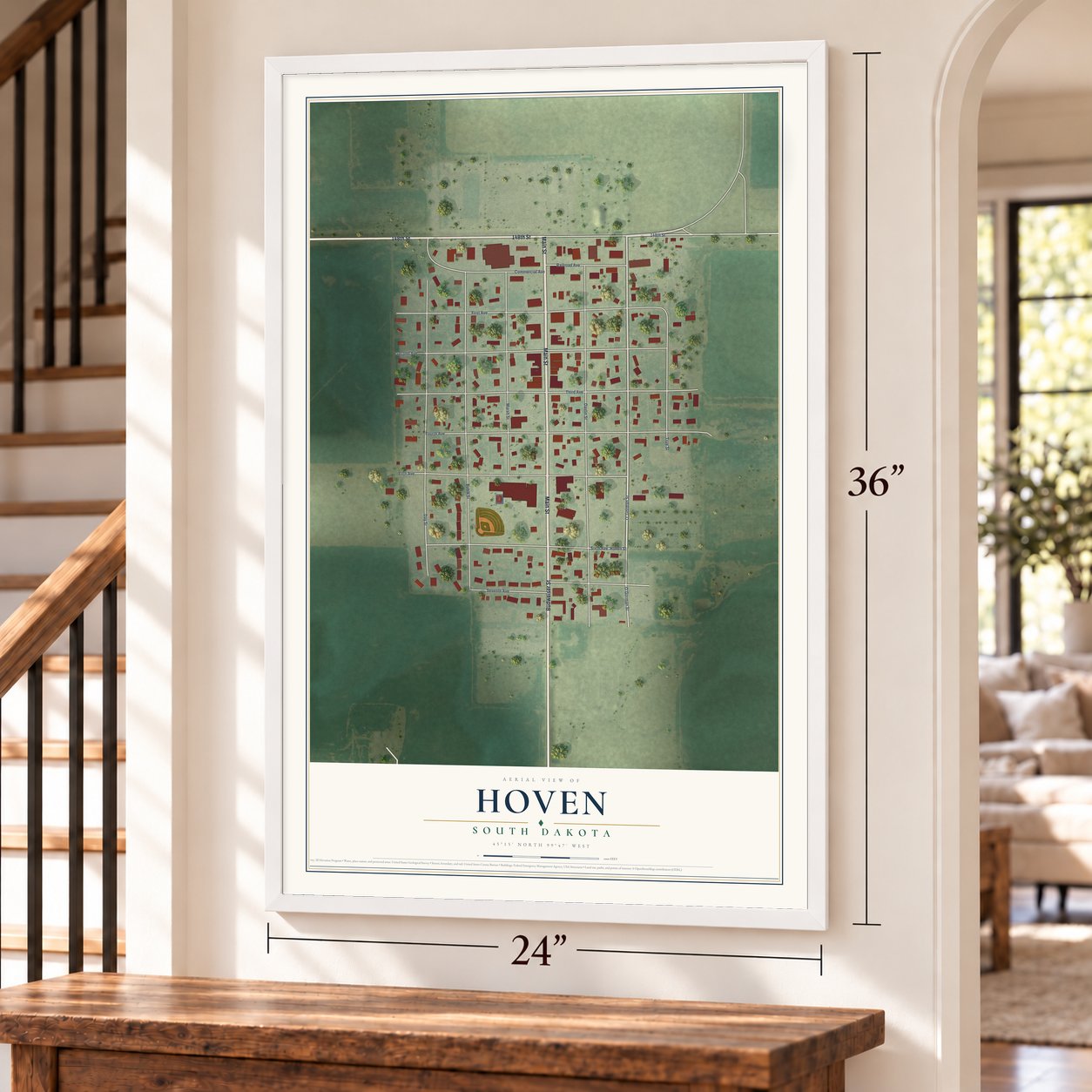 Hoven, South Dakota map, 24 x 36 inch print in a white frame by a staircase