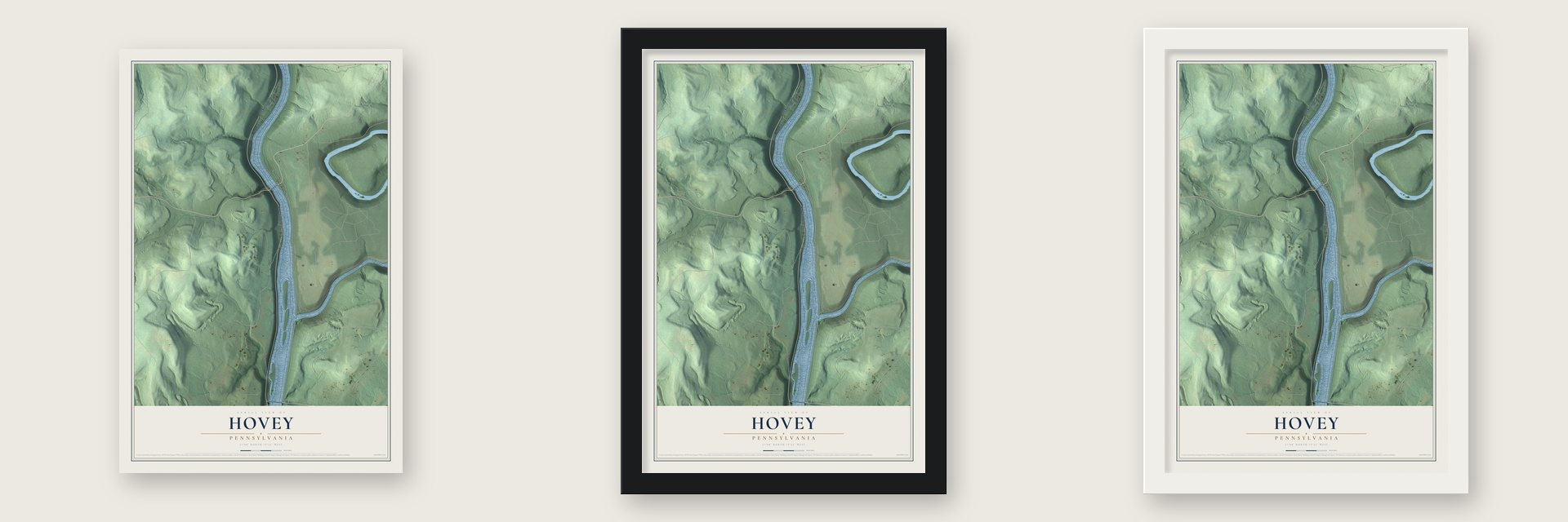 Hovey, Pennsylvania map unframed, in a black wood frame and in a white wood frame