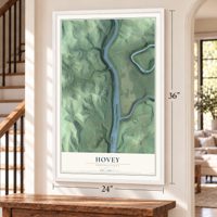 Hovey, Pennsylvania map, 24 x 36 inch print in a white frame by a staircase
