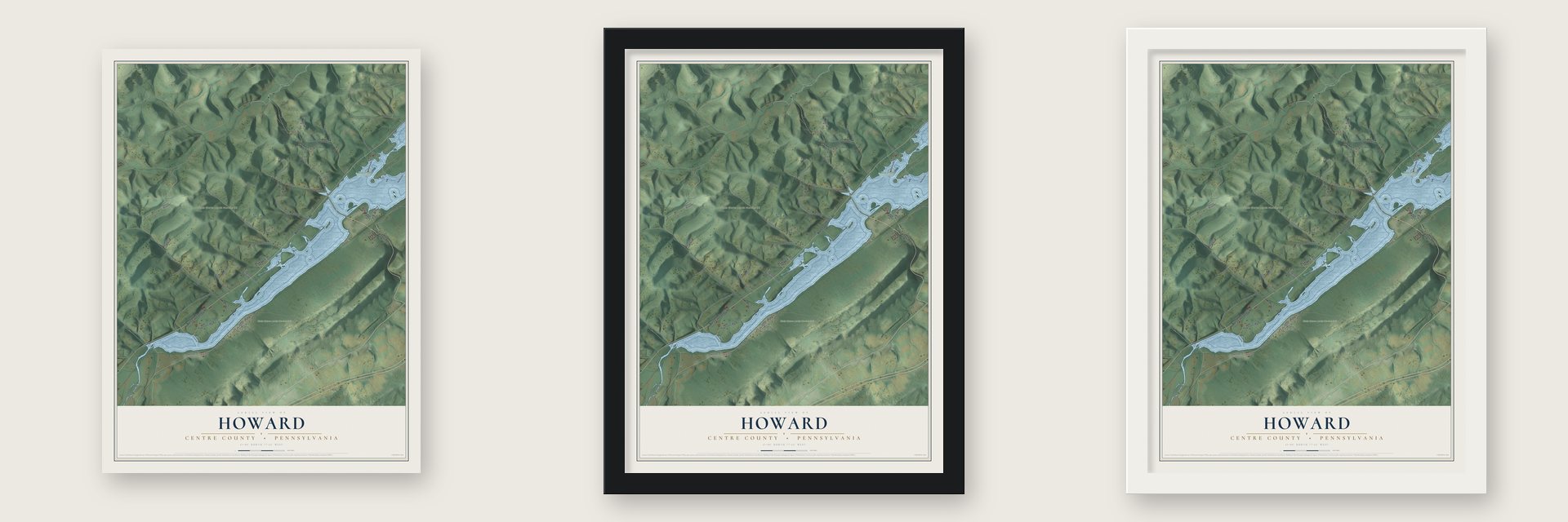 Howard, Centre County, Pennsylvania map unframed, in a black wood frame and in a white wood frame