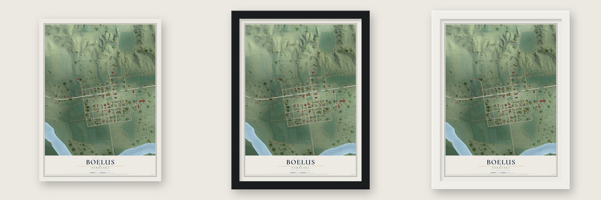 Boelus, Nebraska map unframed, in a black wood frame and in a white wood frame