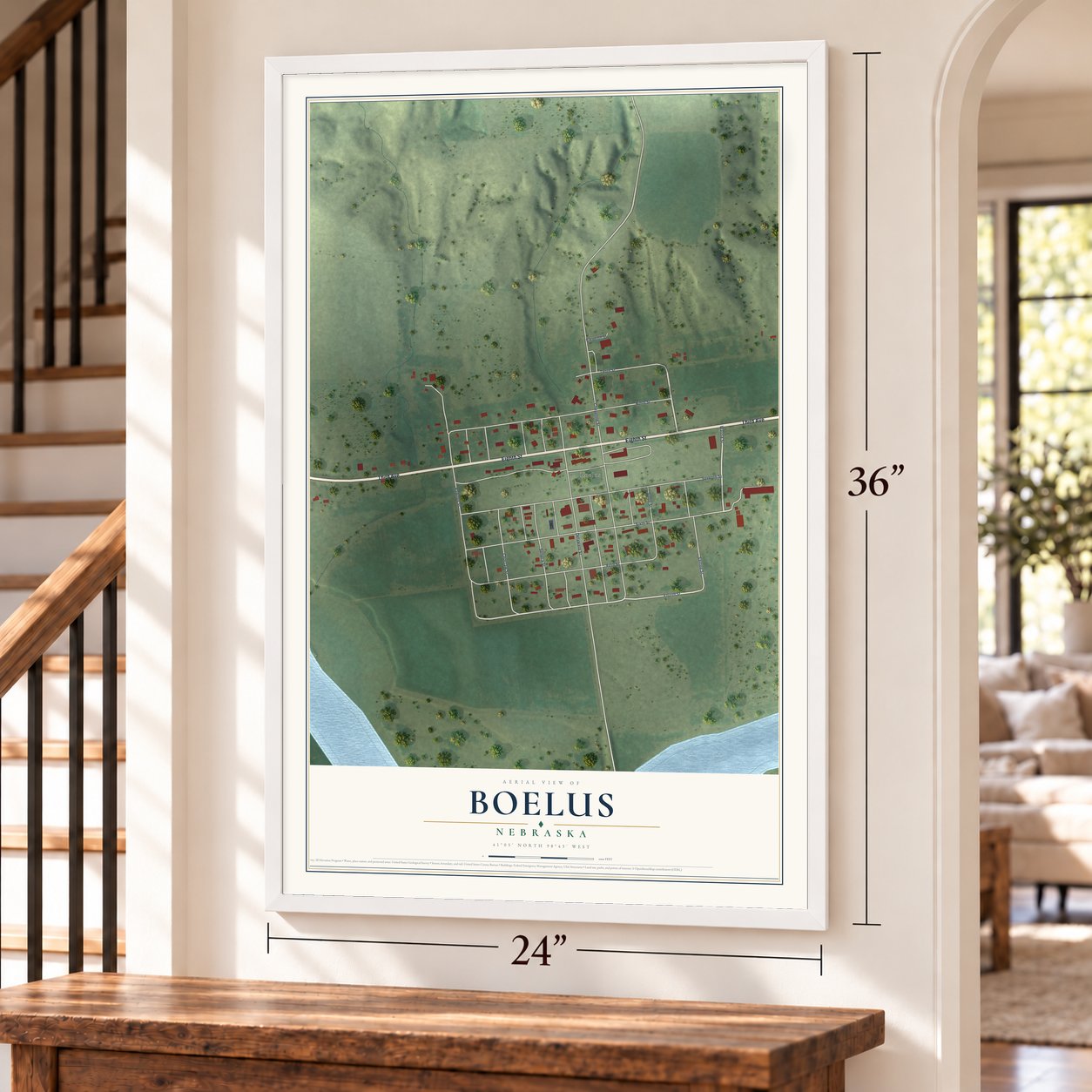 Boelus, Nebraska map, 24 x 36 inch print in a white frame by a staircase