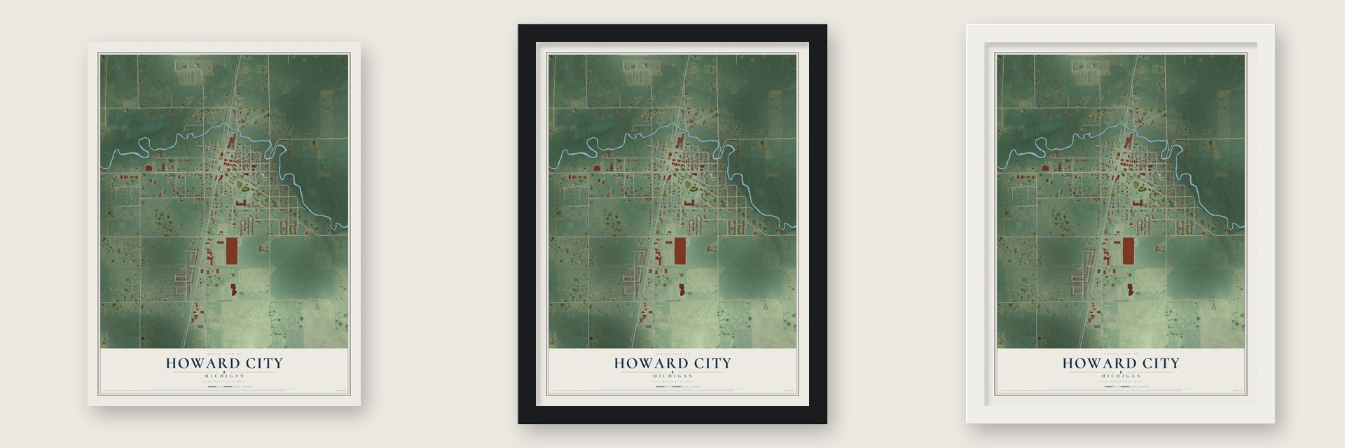 Howard City, Michigan map unframed, in a black wood frame and in a white wood frame