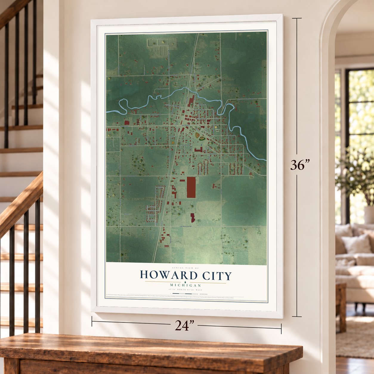 Howard City, Michigan map, 24 x 36 inch print in a white frame by a staircase