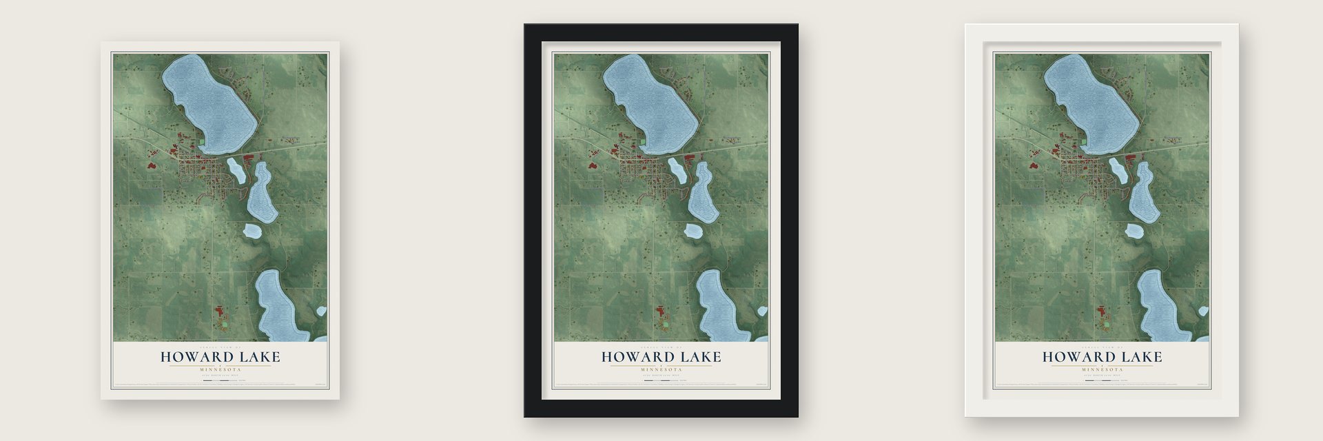 Howard Lake, Minnesota map unframed, in a black wood frame and in a white wood frame