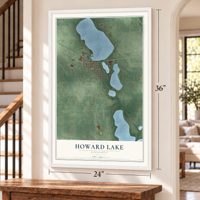 Howard Lake, Minnesota map, 24 x 36 inch print in a white frame by a staircase