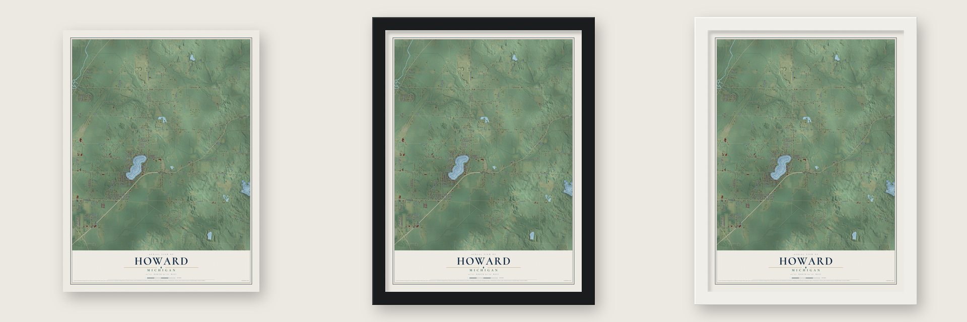 Howard, Michigan map unframed, in a black wood frame and in a white wood frame