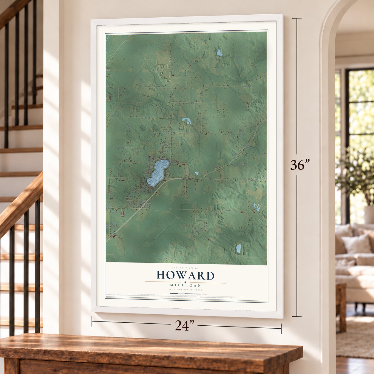 Howard, Michigan map, 24 x 36 inch print in a white frame by a staircase