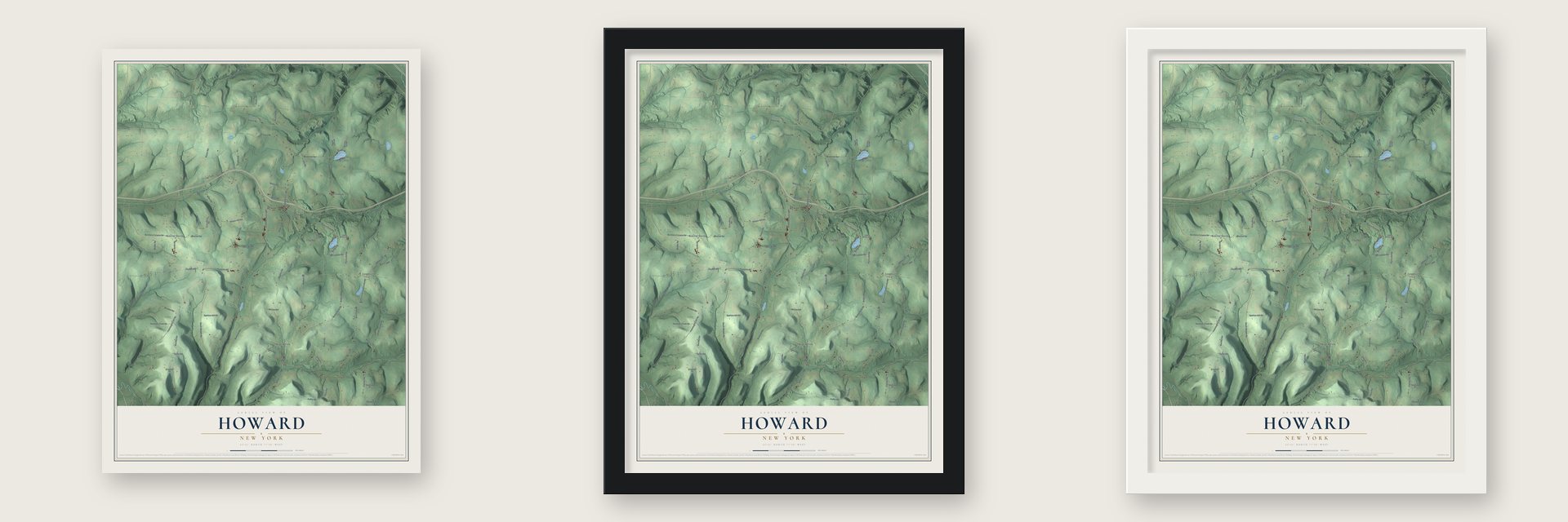 Howard, New York map unframed, in a black wood frame and in a white wood frame