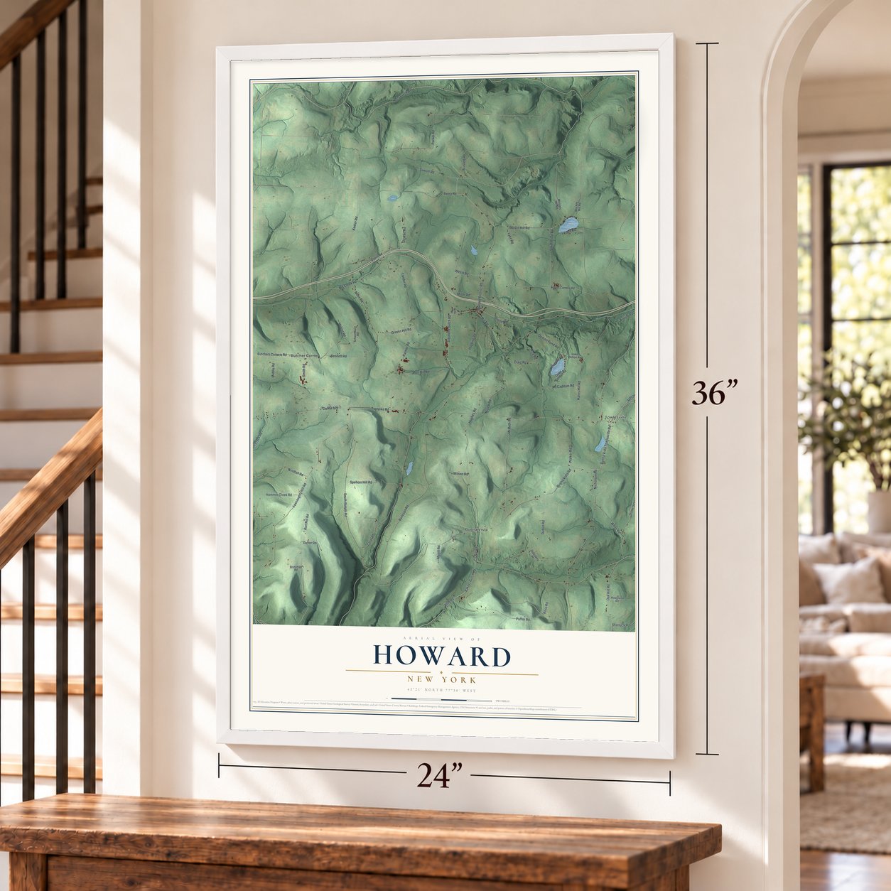 Howard, New York map, 24 x 36 inch print in a white frame by a staircase