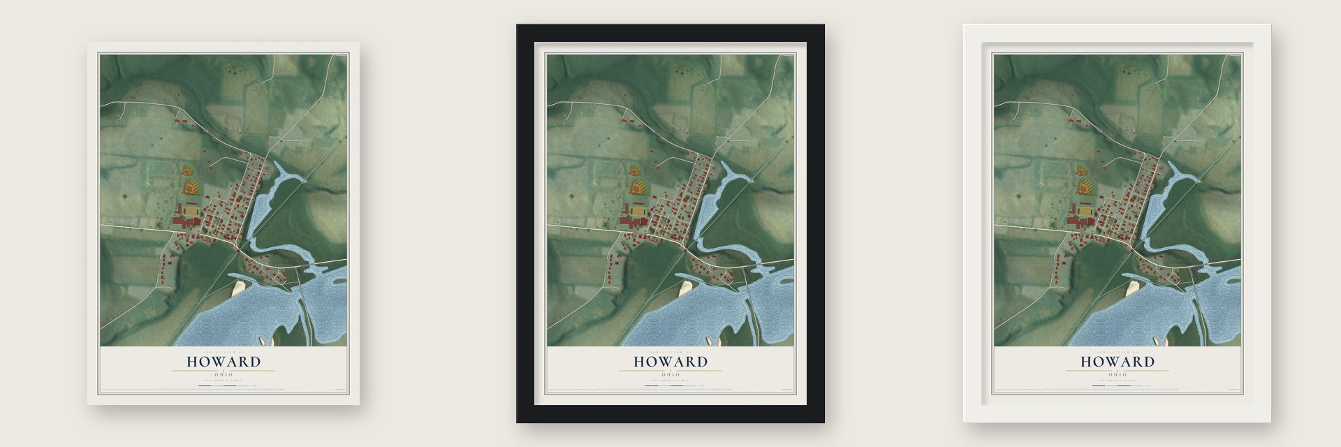 Howard, Ohio map unframed, in a black wood frame and in a white wood frame
