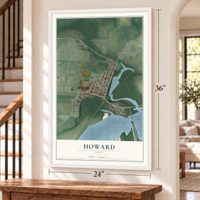 Howard, Ohio map, 24 x 36 inch print in a white frame by a staircase