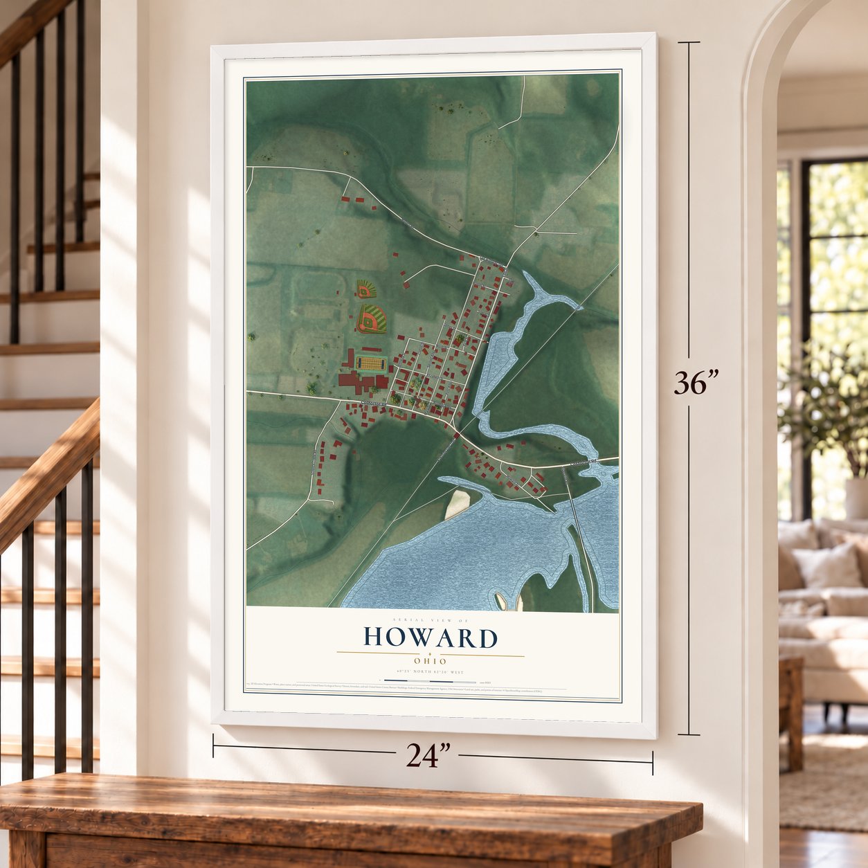 Howard, Ohio map, 24 x 36 inch print in a white frame by a staircase
