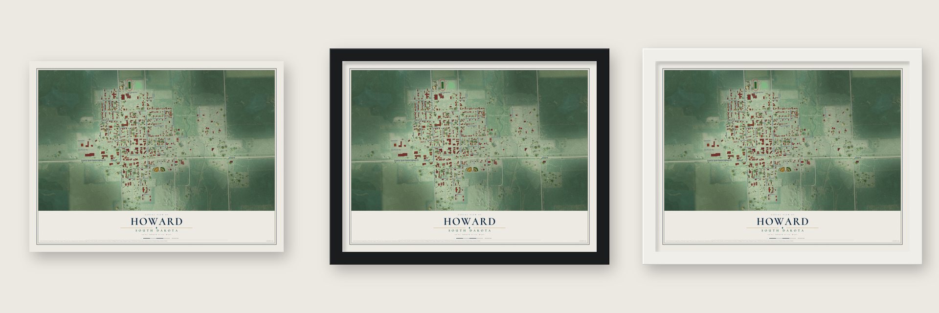 Howard, South Dakota map unframed, in a black wood frame and in a white wood frame