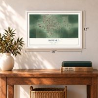 Howard, South Dakota map, 12 x 18 inch print in a white frame in an entryway