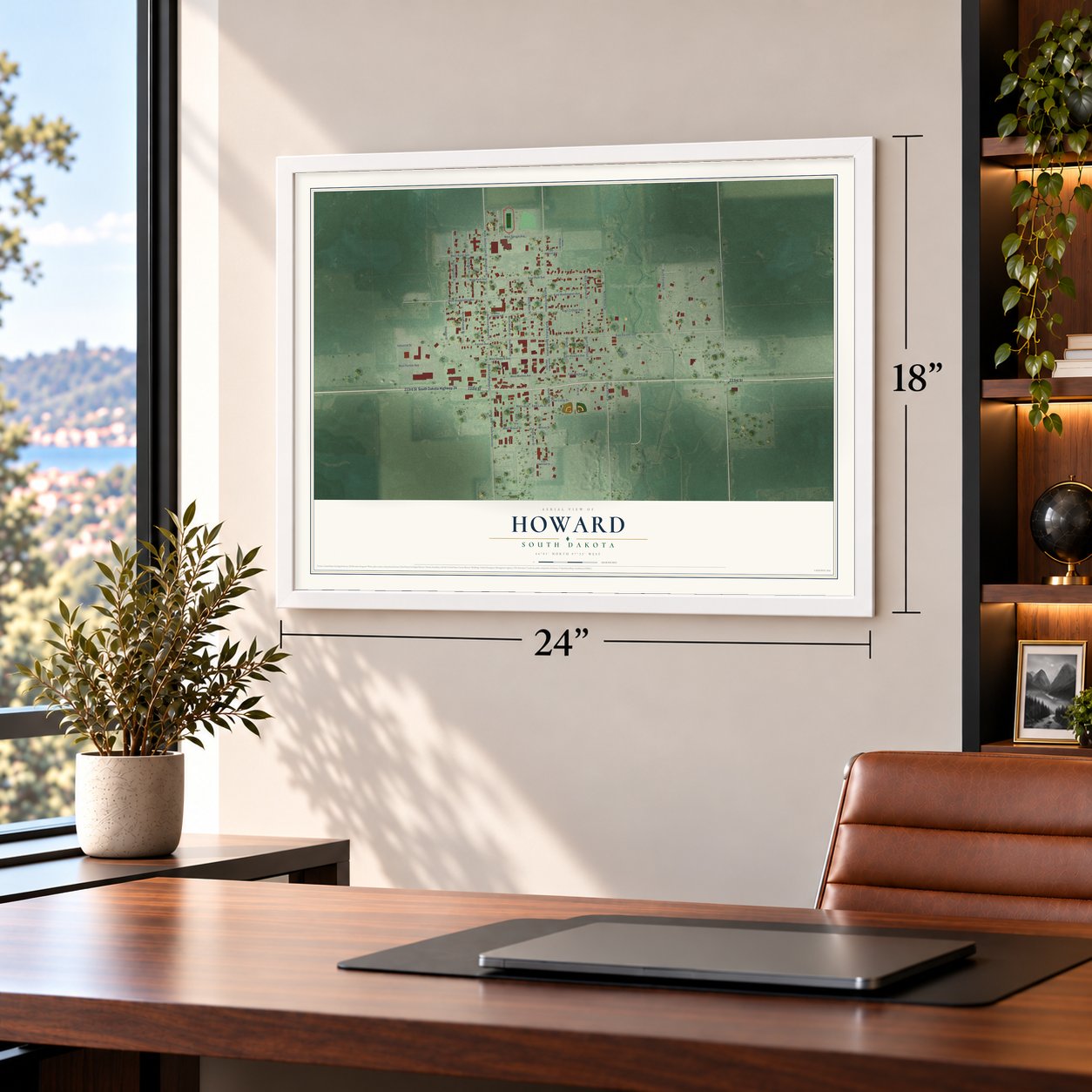 Howard, South Dakota map, 18 x 24 inch print in a white frame in a home office