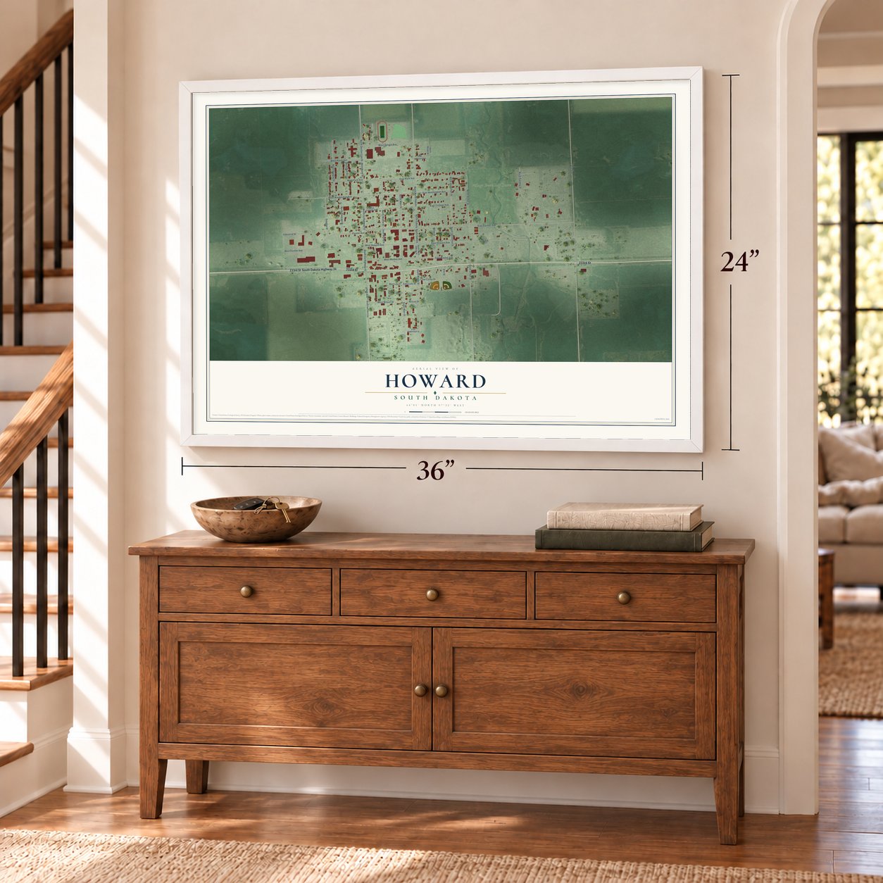 Howard, South Dakota map, 24 x 36 inch print in a white frame above a dresser by a staircase
