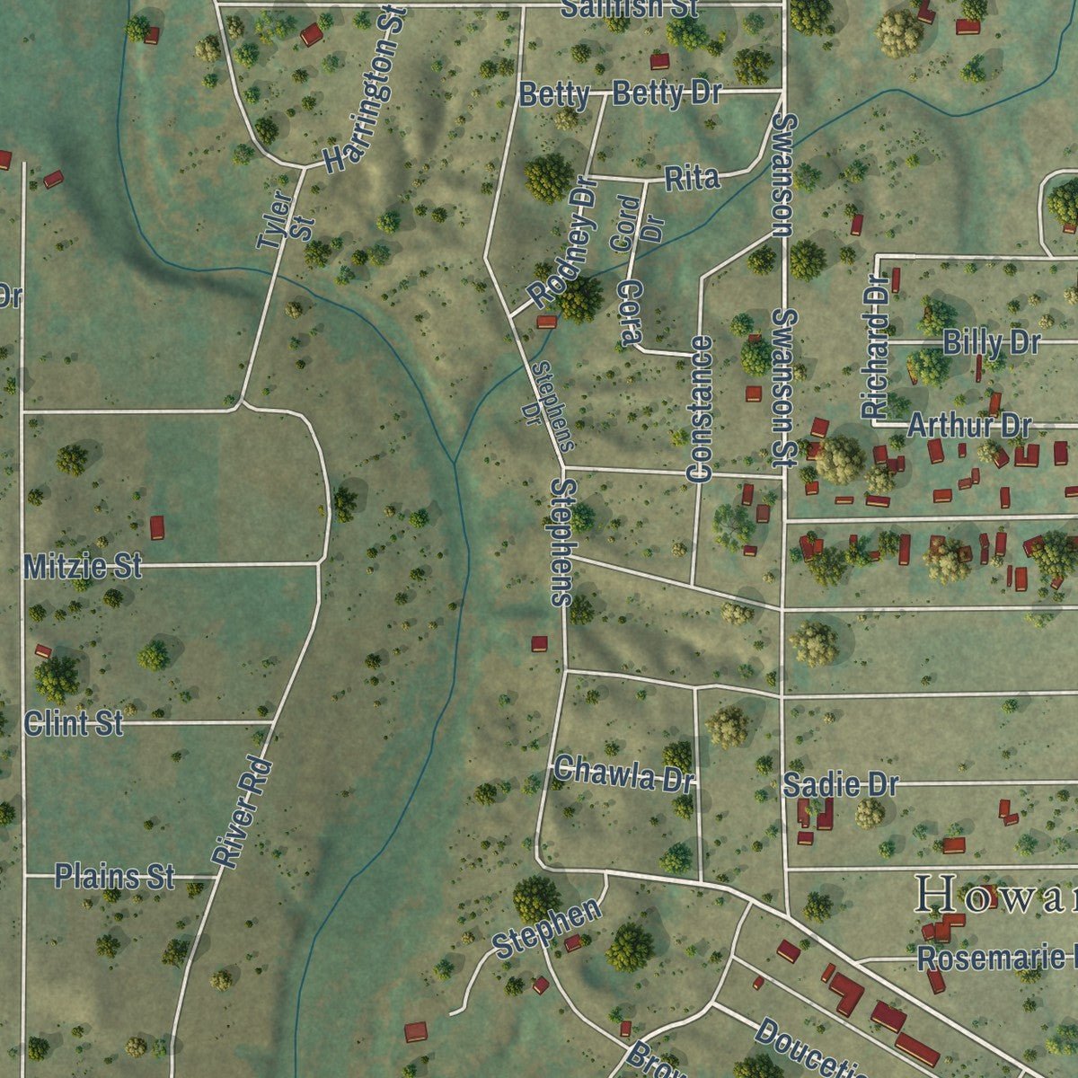 Second close-up of the map of Howardwick, Texas print showing more streets and buildings
