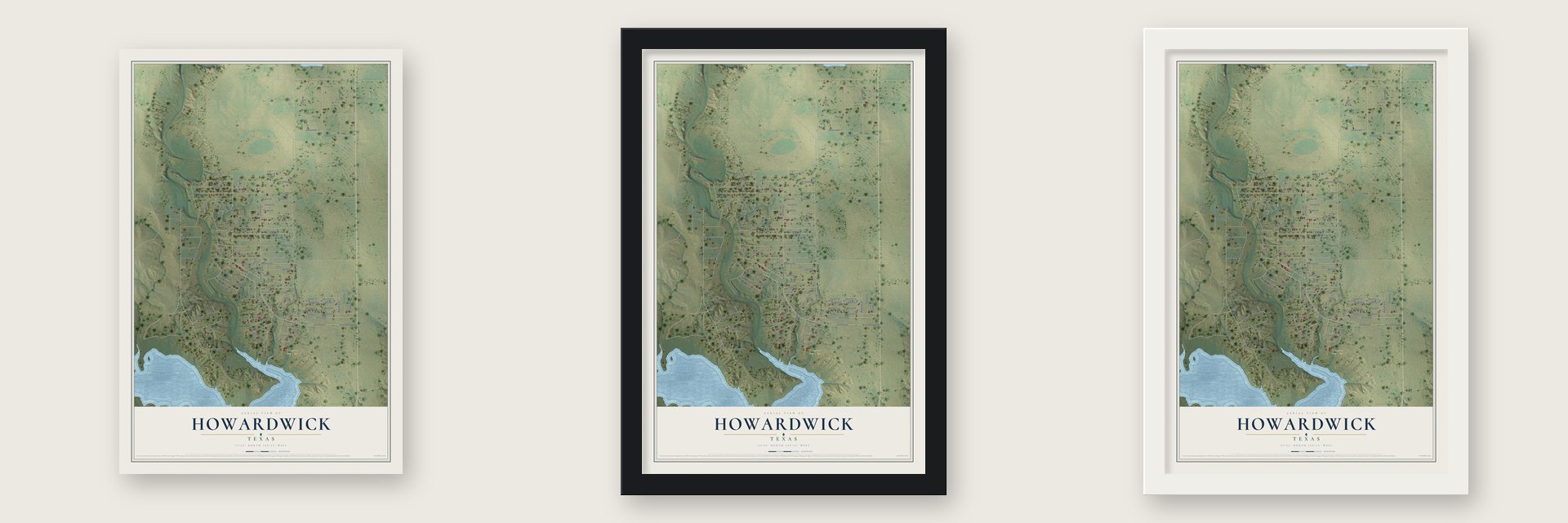 Howardwick, Texas map unframed, in a black wood frame and in a white wood frame