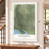 Howardwick, Texas map, 24 x 36 inch print in a white frame by a staircase