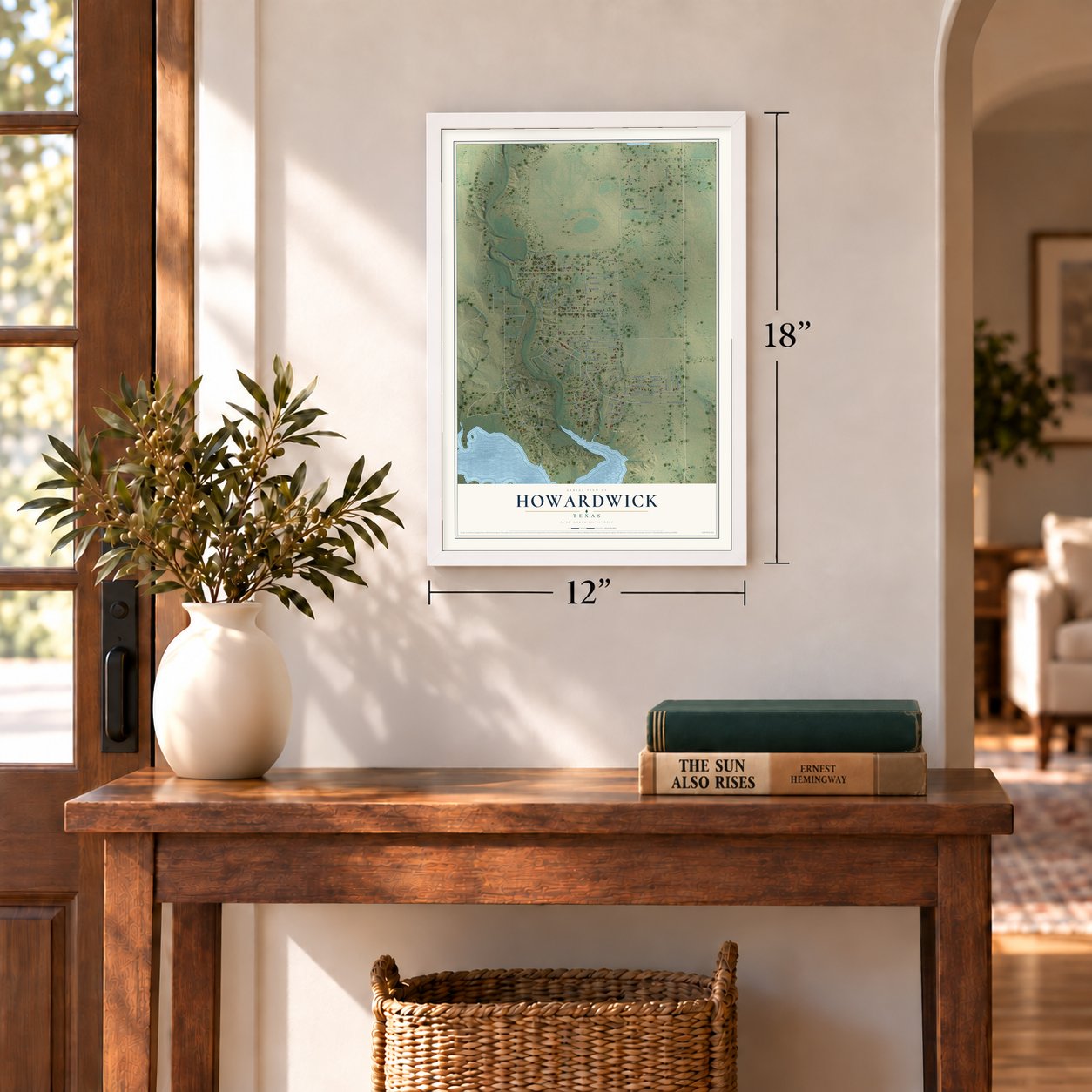 Howardwick, Texas map, 12 x 18 inch print in a white frame in an entryway