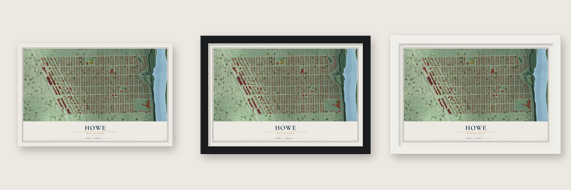 Howe, Minnesota map unframed, in a black wood frame and in a white wood frame