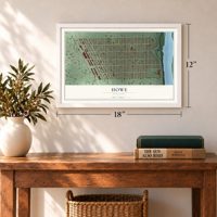 Howe, Minnesota map, 12 x 18 inch print in a white frame in an entryway
