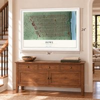 Howe, Minnesota map, 24 x 36 inch print in a white frame above a dresser by a staircase