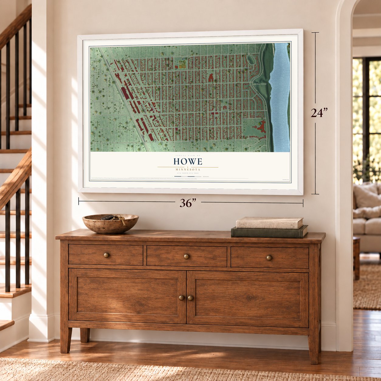 Howe, Minnesota map, 24 x 36 inch print in a white frame above a dresser by a staircase