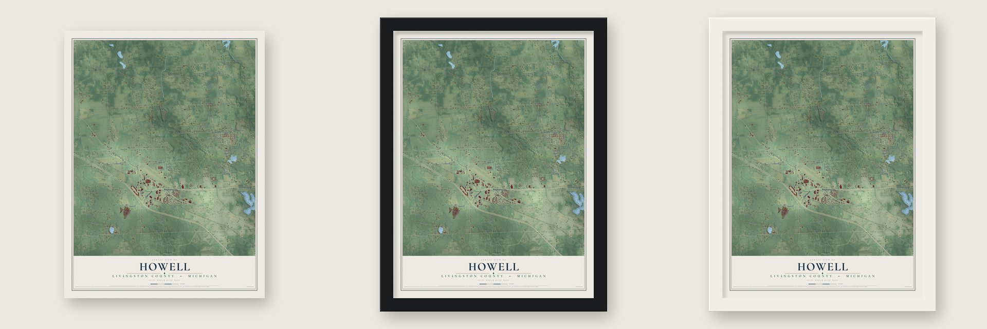 Howell, Livingston County, Michigan map unframed, in a black wood frame and in a white wood frame