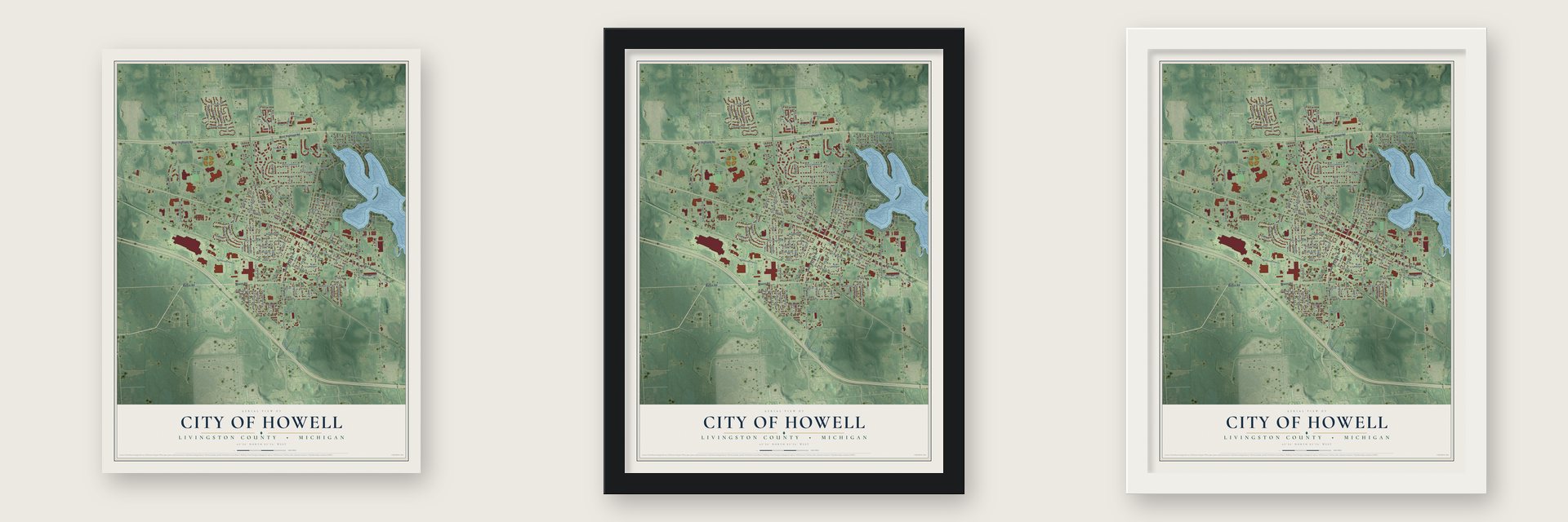 Howell, Michigan map unframed, in a black wood frame and in a white wood frame