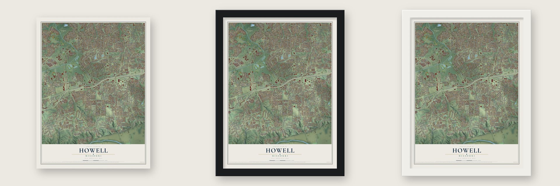 Howell, Missouri map unframed, in a black wood frame and in a white wood frame