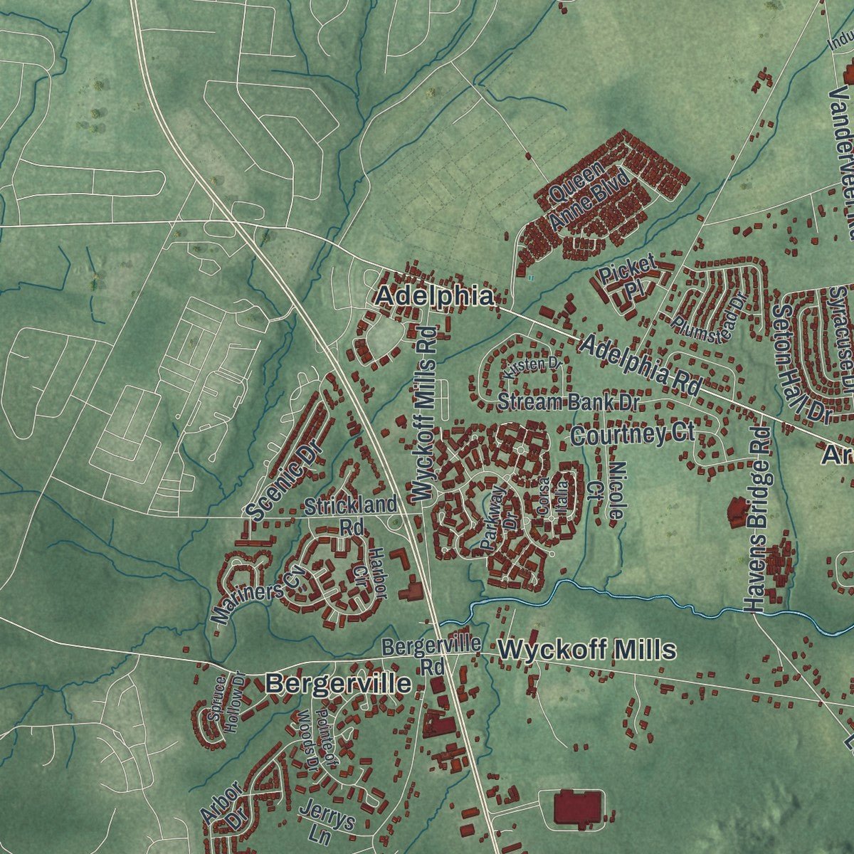 Second close-up of the map of Howell, New Jersey print showing more streets and buildings
