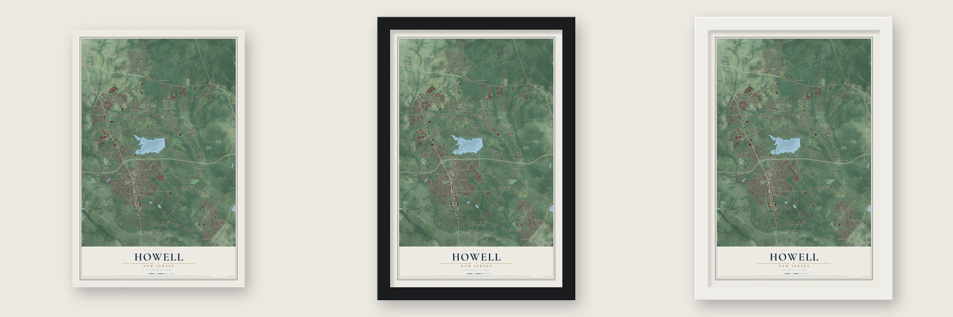 Howell, New Jersey map unframed, in a black wood frame and in a white wood frame